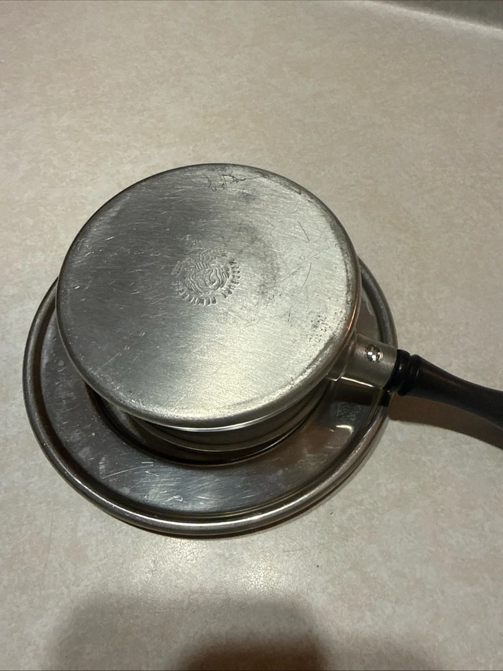 Woodbury Pewter Gravy Pitcher With Wood Handle And Matching Tray